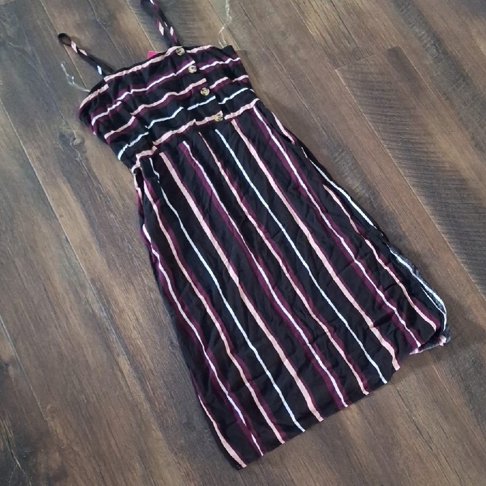 NWT Xhiliration Black, Pink, Maroon, White Striped Tank Dress w/ Side Slits in L